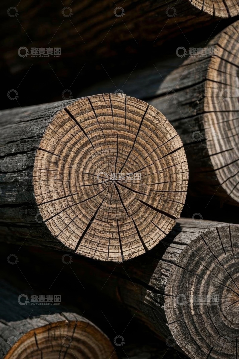 高清大图下载【趣麦麦图】堆叠的原木横截面特写