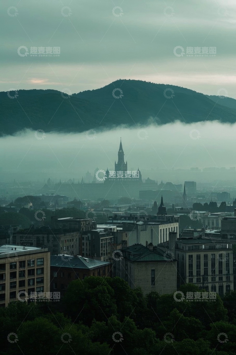 高清大图下载【趣麦麦图】云雾笼罩的城市与远山景观
