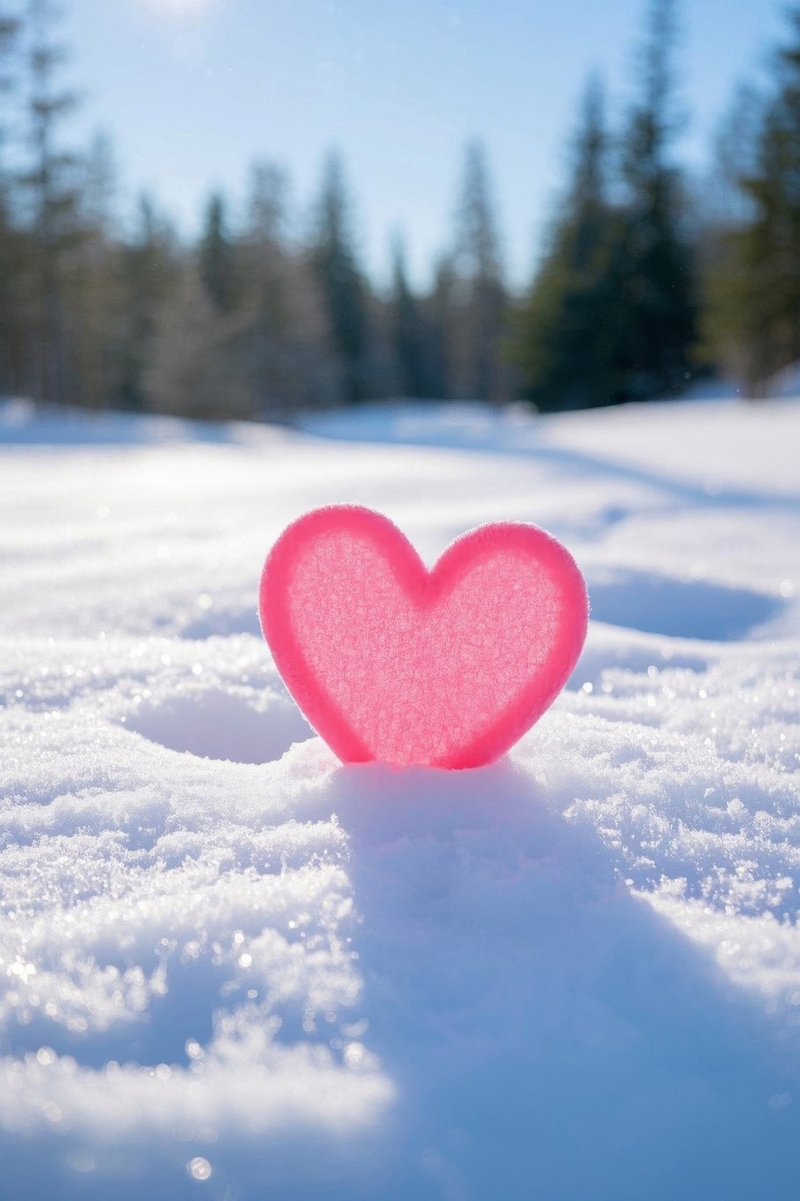 雪地中粉色爱心特写