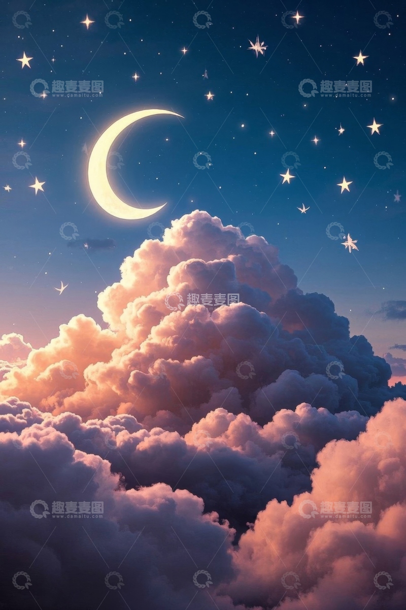 高清大图下载【趣麦麦图】夜空中的新月与云朵