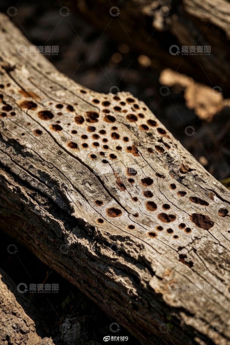 高清大图下载【趣麦麦图】带虫蛀孔洞的枯木特写