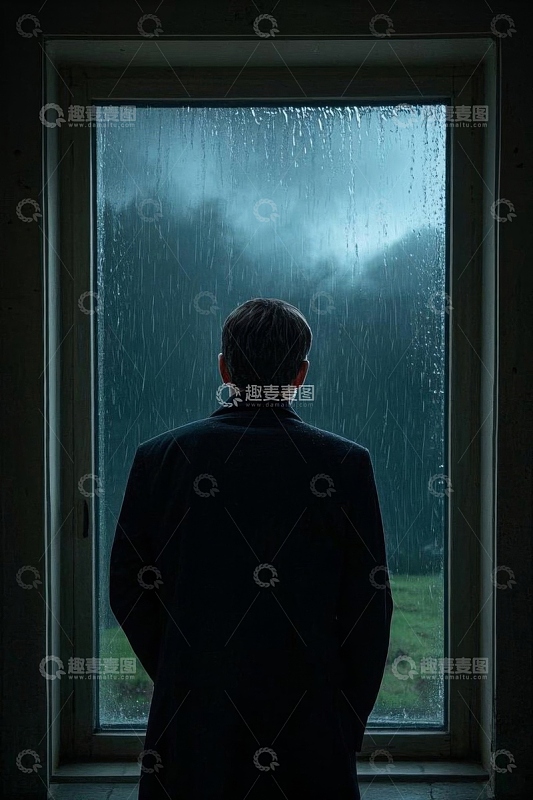 男子背对镜头窗前看雨景