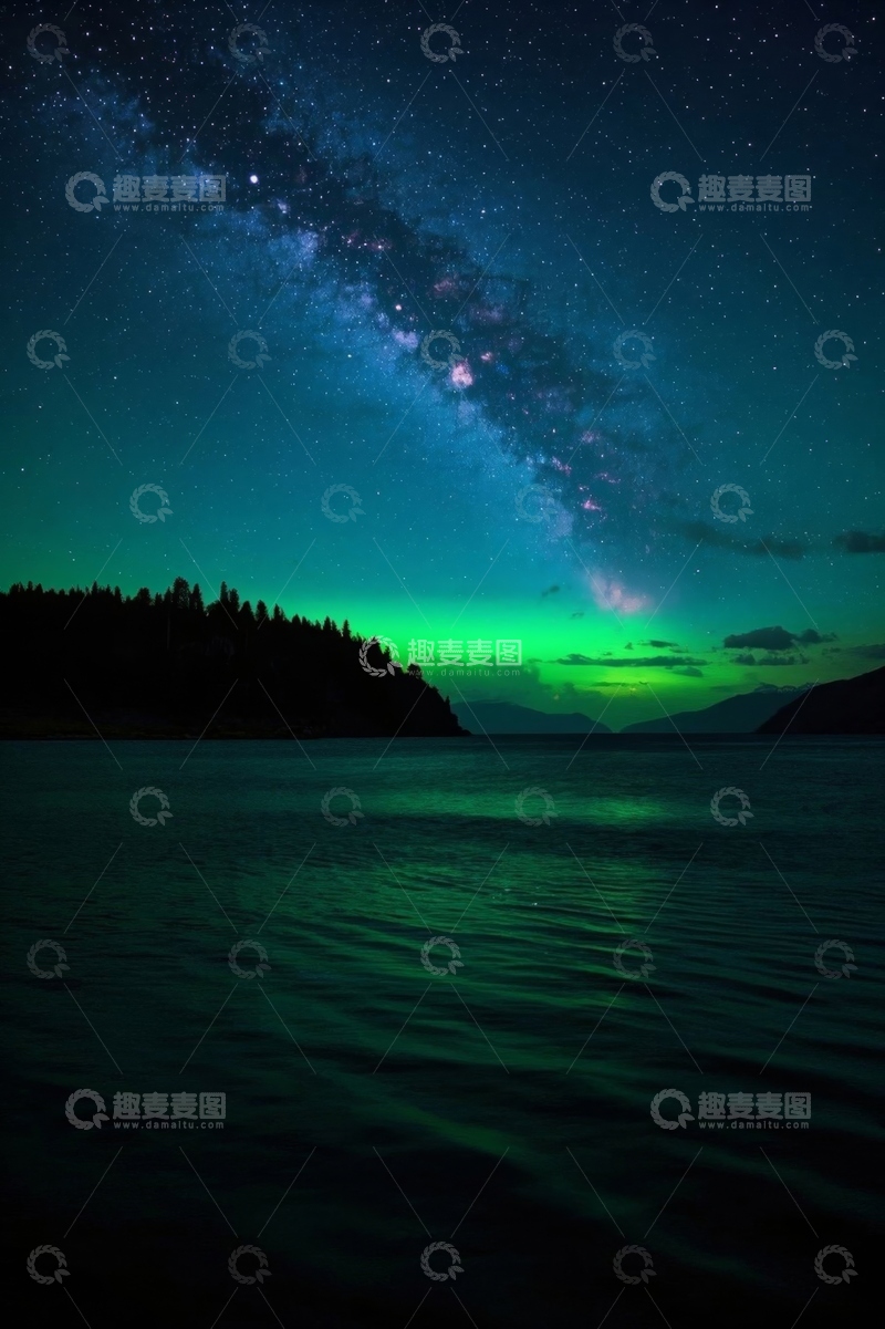 高清大图下载【趣麦麦图】湖面夜空繁星与极光景观