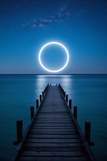 海上栈桥夜景星空与光圈