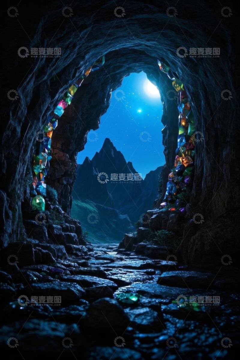 高清大图下载【趣麦麦图】奇幻洞穴外的月夜山景