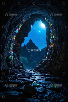 奇幻洞穴外的月夜山景