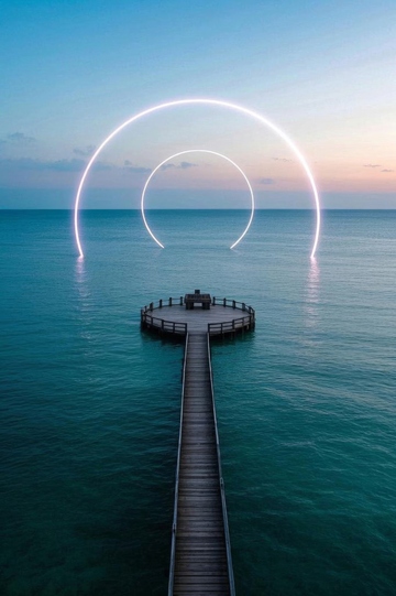 海上栈桥与发光圆环景观