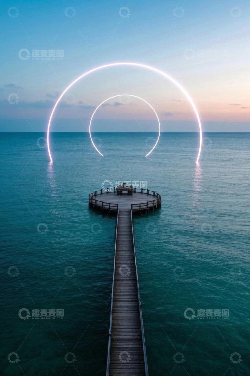 高清大图下载【趣麦麦图】海上栈桥与发光圆环景观