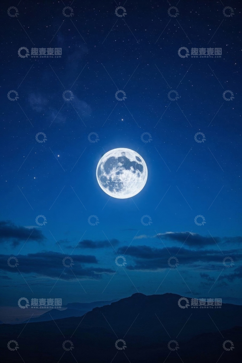高清大图下载【趣麦麦图】夜空下的满月与远山景观