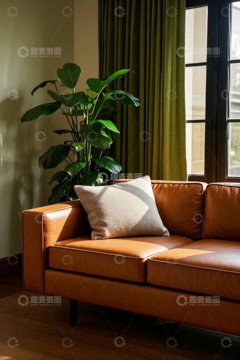高清大图下载【趣麦麦图】现代室内棕色沙发绿植景观