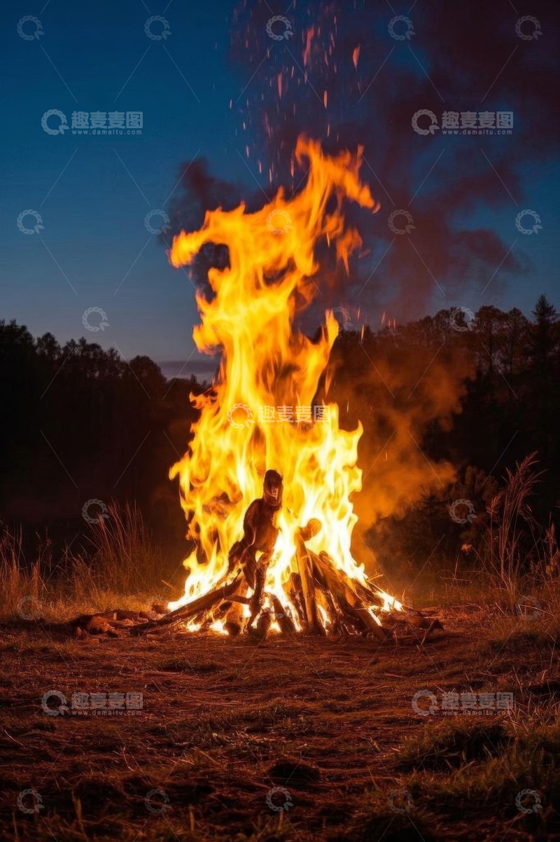 高清大图下载【趣麦麦图】户外燃烧的篝火夜景