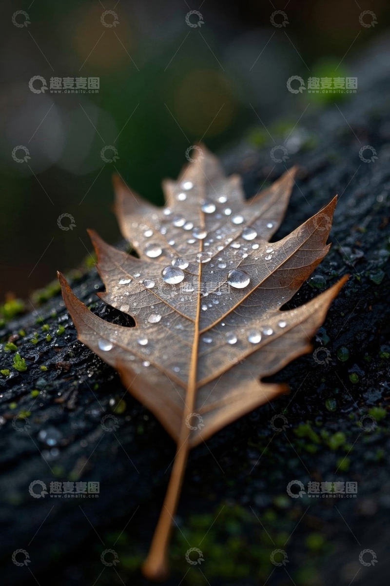 高清大图下载【趣麦麦图】带水珠的枯叶特写
