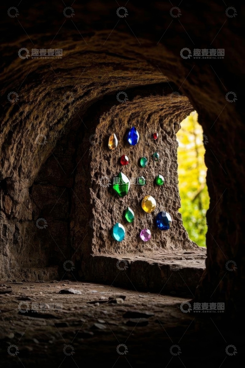 高清大图下载【趣麦麦图】洞穴内彩色宝石镶嵌在石壁上