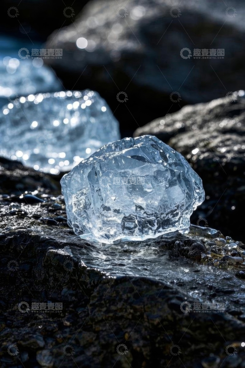 高清大图下载【趣麦麦图】岩石上的透明冰块特写