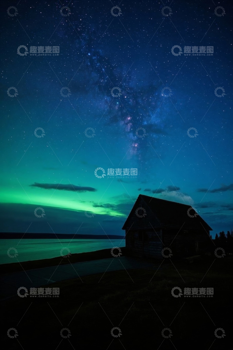 高清大图下载【趣麦麦图】湖畔小屋星空夜景