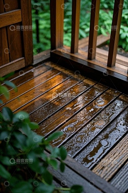 雨后木制露台与绿植景观