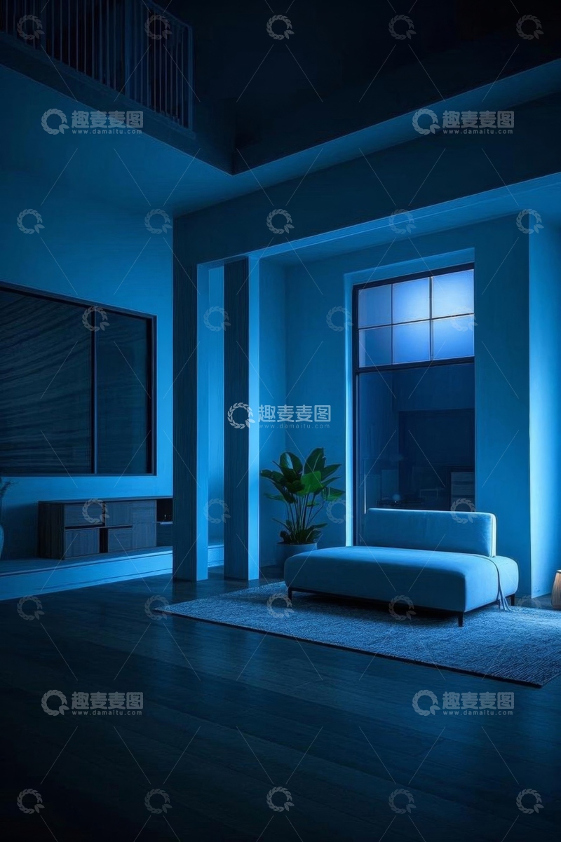 高清大图下载【趣麦麦图】现代室内蓝调风格客厅场景