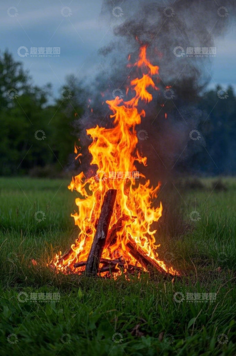 高清大图下载【趣麦麦图】草地上燃烧的篝火