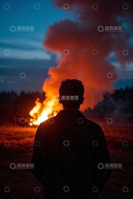 男子背对镜头注视远处篝火