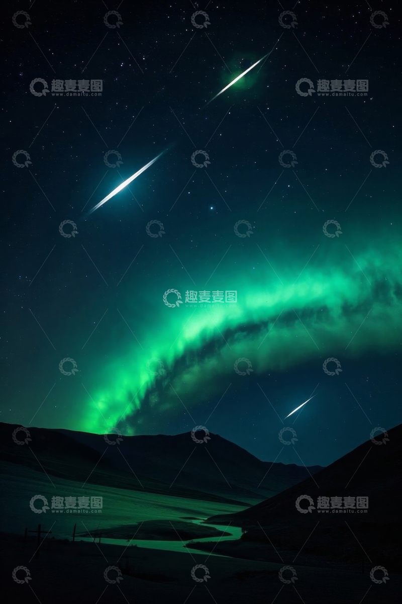 高清大图下载【趣麦麦图】夜空下极光与流星景观