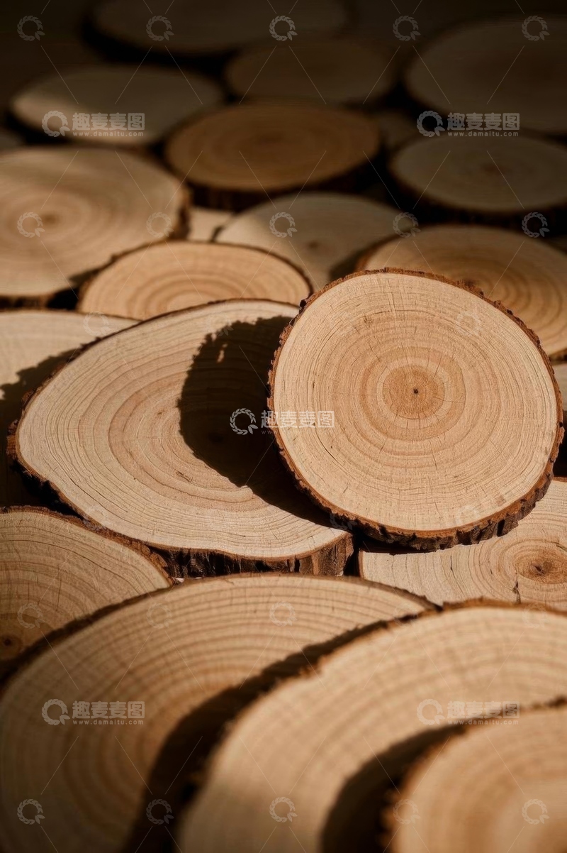 高清大图下载【趣麦麦图】堆叠的原木切片特写