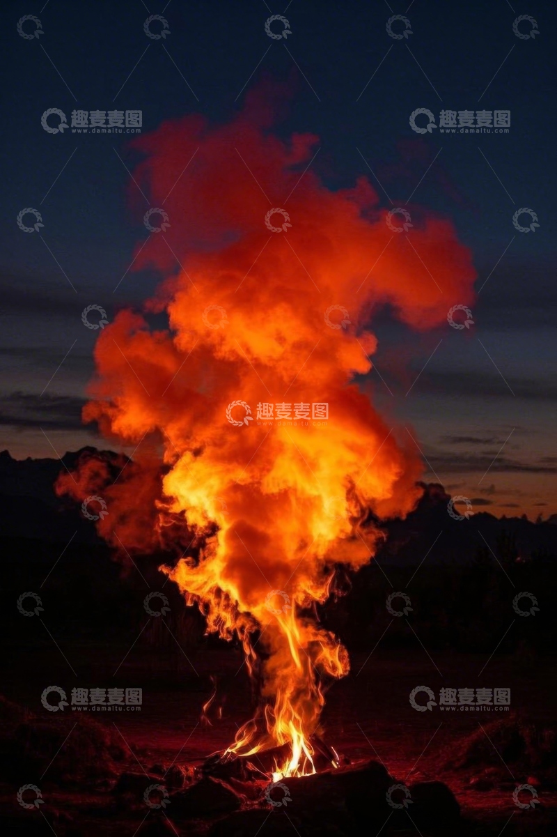 高清大图下载【趣麦麦图】夜晚户外熊熊燃烧的篝火