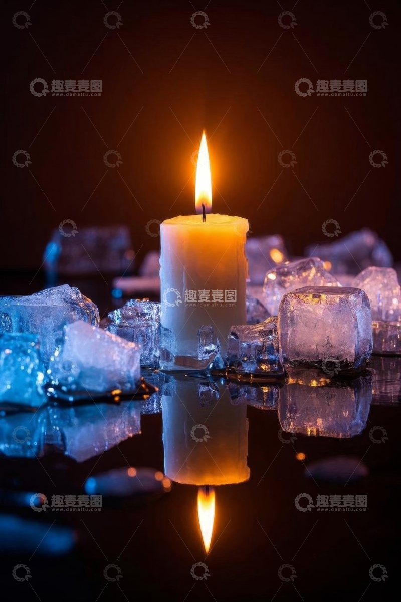 高清大图下载【趣麦麦图】燃烧蜡烛与冰块特写