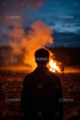 男子夜晚注视野外篝火背影