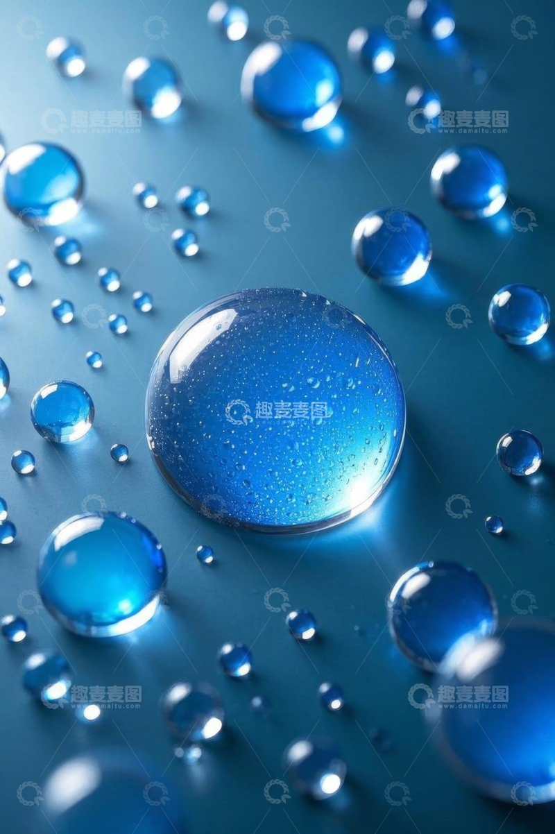 高清大图下载【趣麦麦图】蓝色背景上的水滴特写