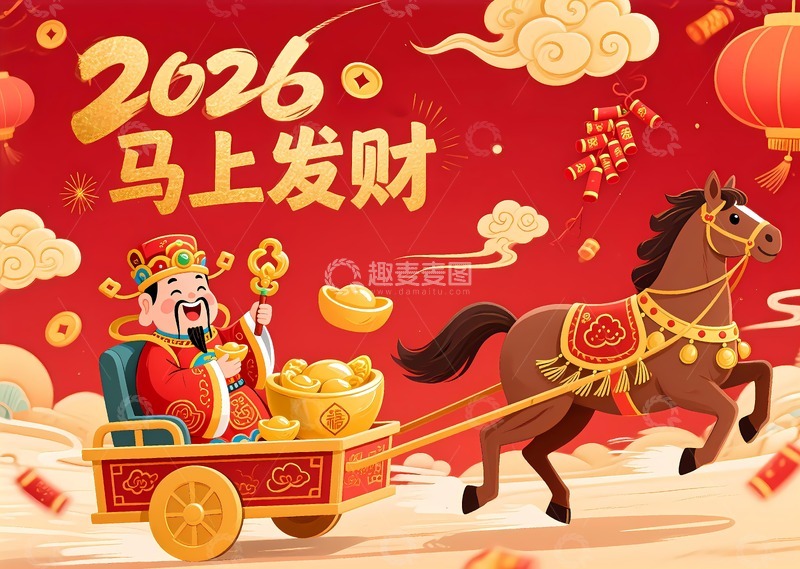 高清大图下载【趣麦麦图】马拉着财神爷和聚宝盆