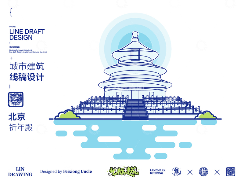 源文件下载【趣麦麦图】北京祈年殿故宫城市地标矢量建筑线描海报