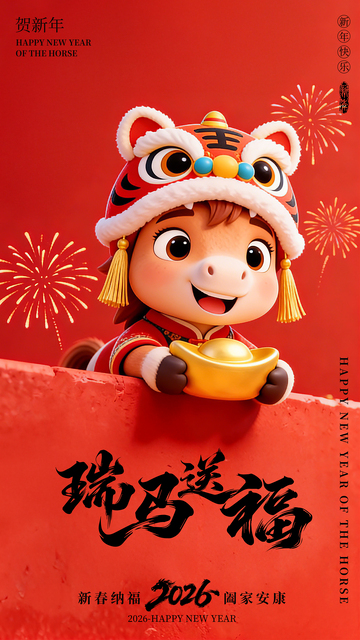 新年卡通3D马年海报