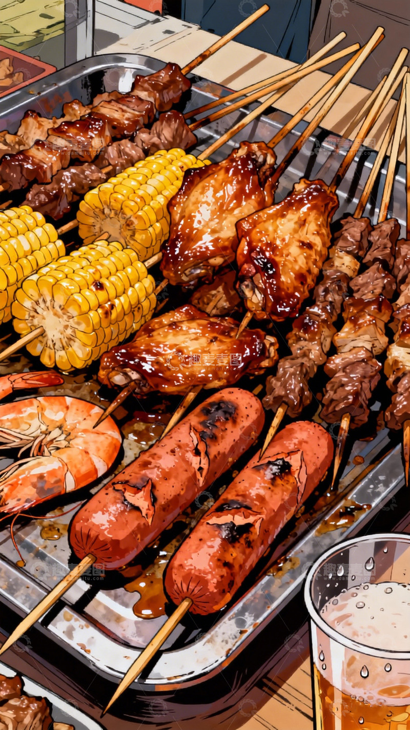 高清大图下载【趣麦麦图】烧烤美食插画