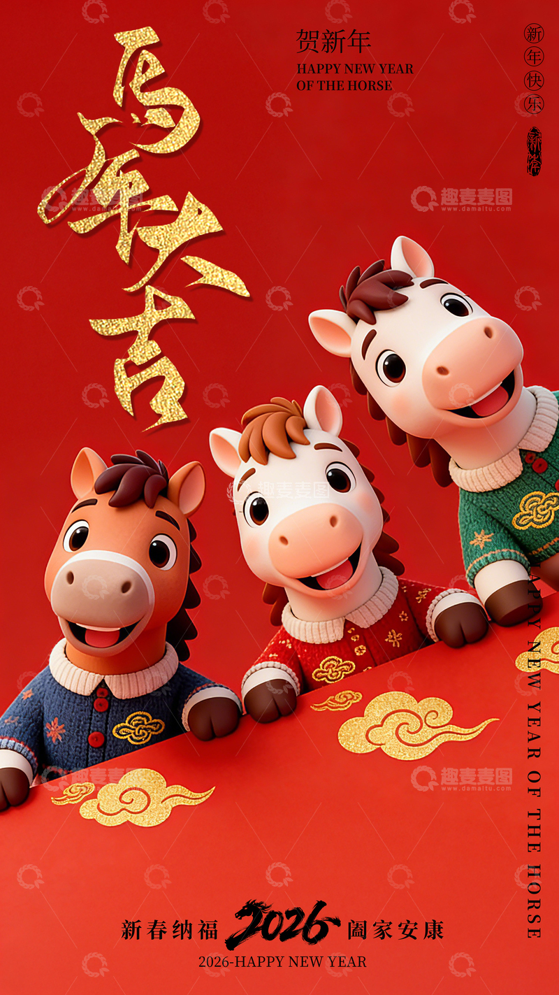 源文件下载【趣麦麦图】-春节3D卡通马年海报