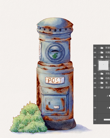 水彩旧邮筒风景画
