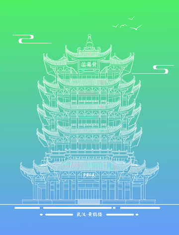 城市地标建筑线稿-黄鹤楼