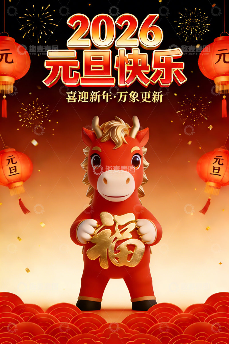 高清大图下载【趣麦麦图】马年元旦设计海报
