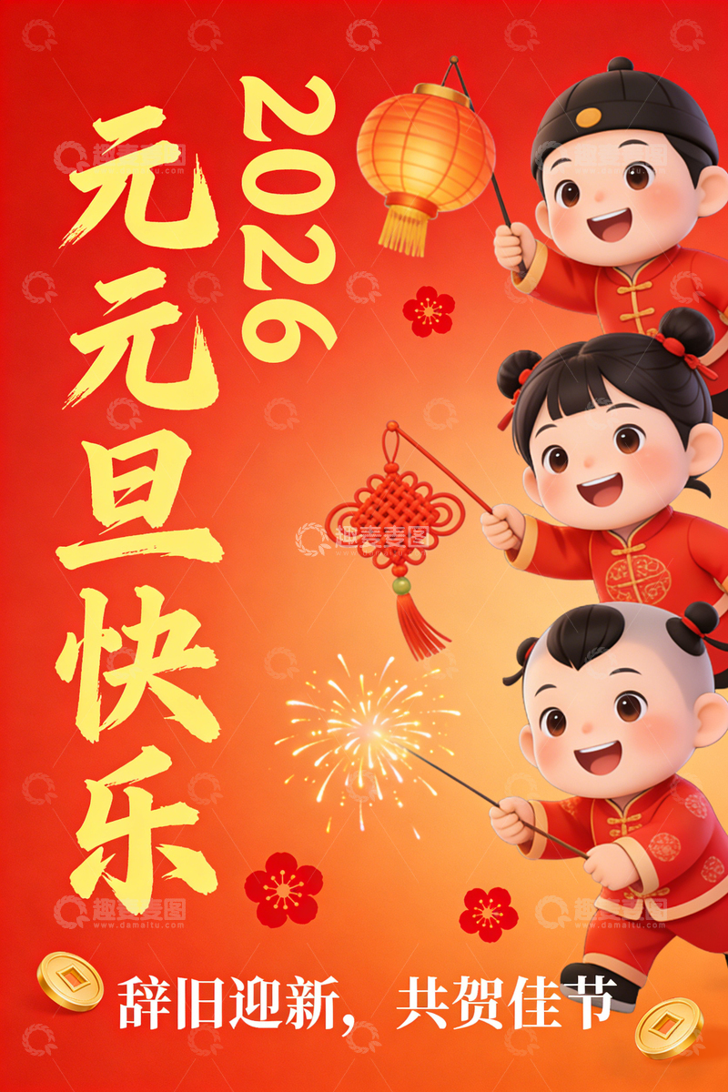 高清大图下载【趣麦麦图】红色元旦设计海报