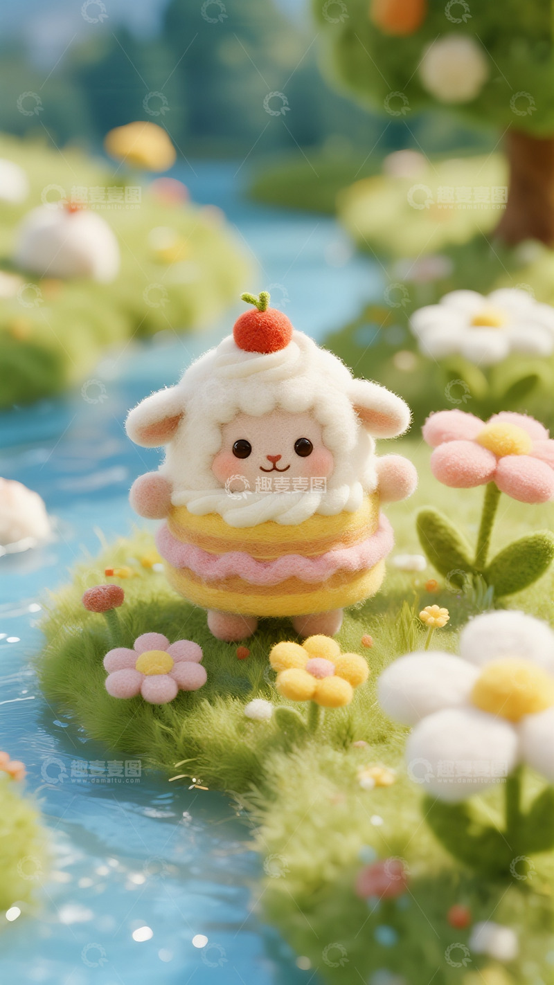 高清大图下载【趣麦麦图】春日河畔的毛绒小羊蛋糕精灵