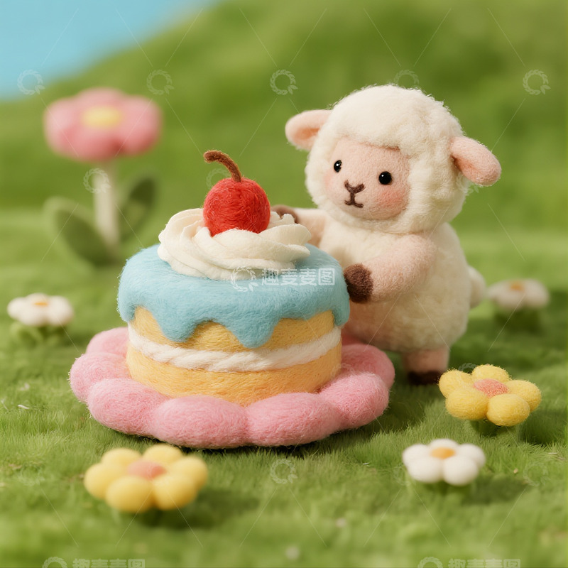 高清大图下载【趣麦麦图】绿草地里小羊守护的蓝顶甜蛋糕