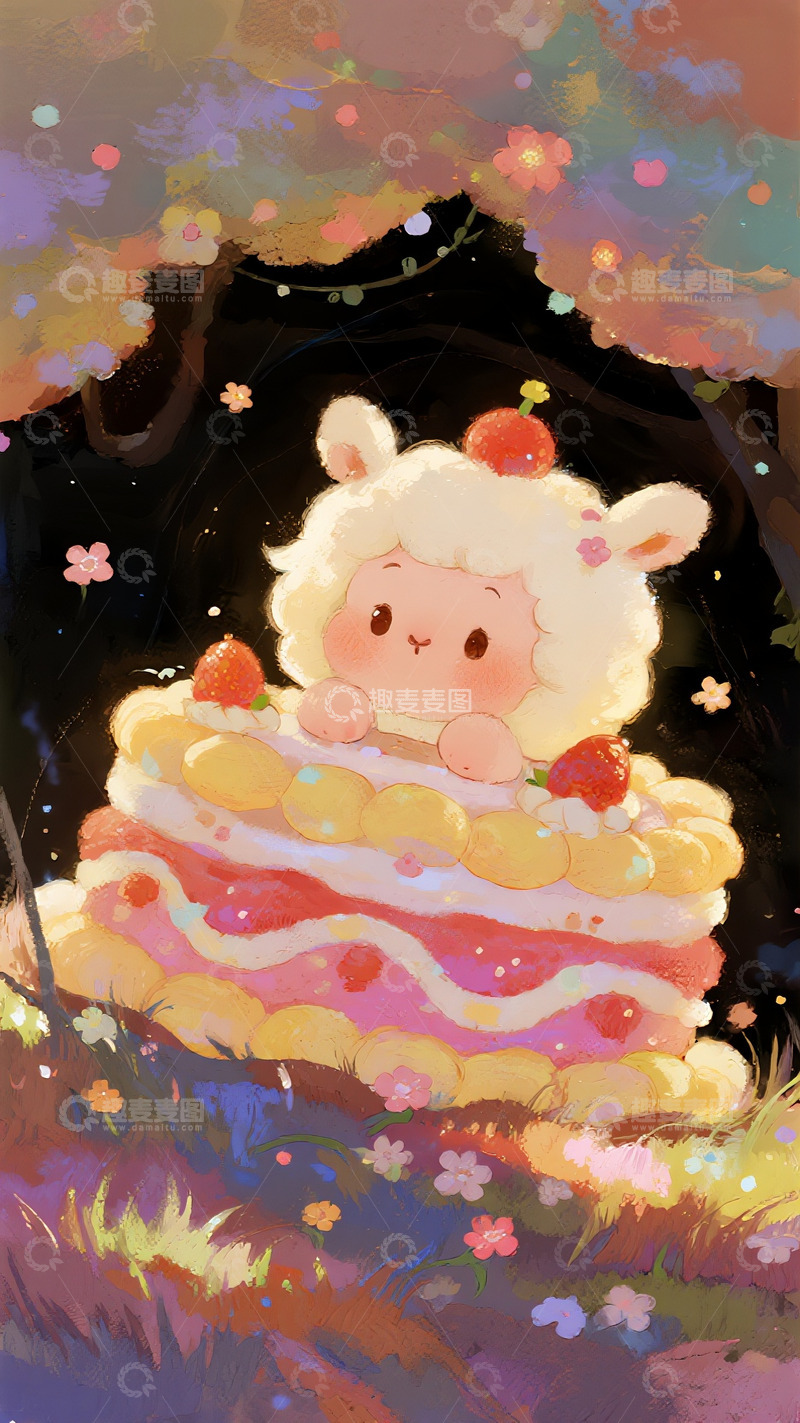 高清大图下载【趣麦麦图】夜林花海中藏在蛋糕里的小羊精灵