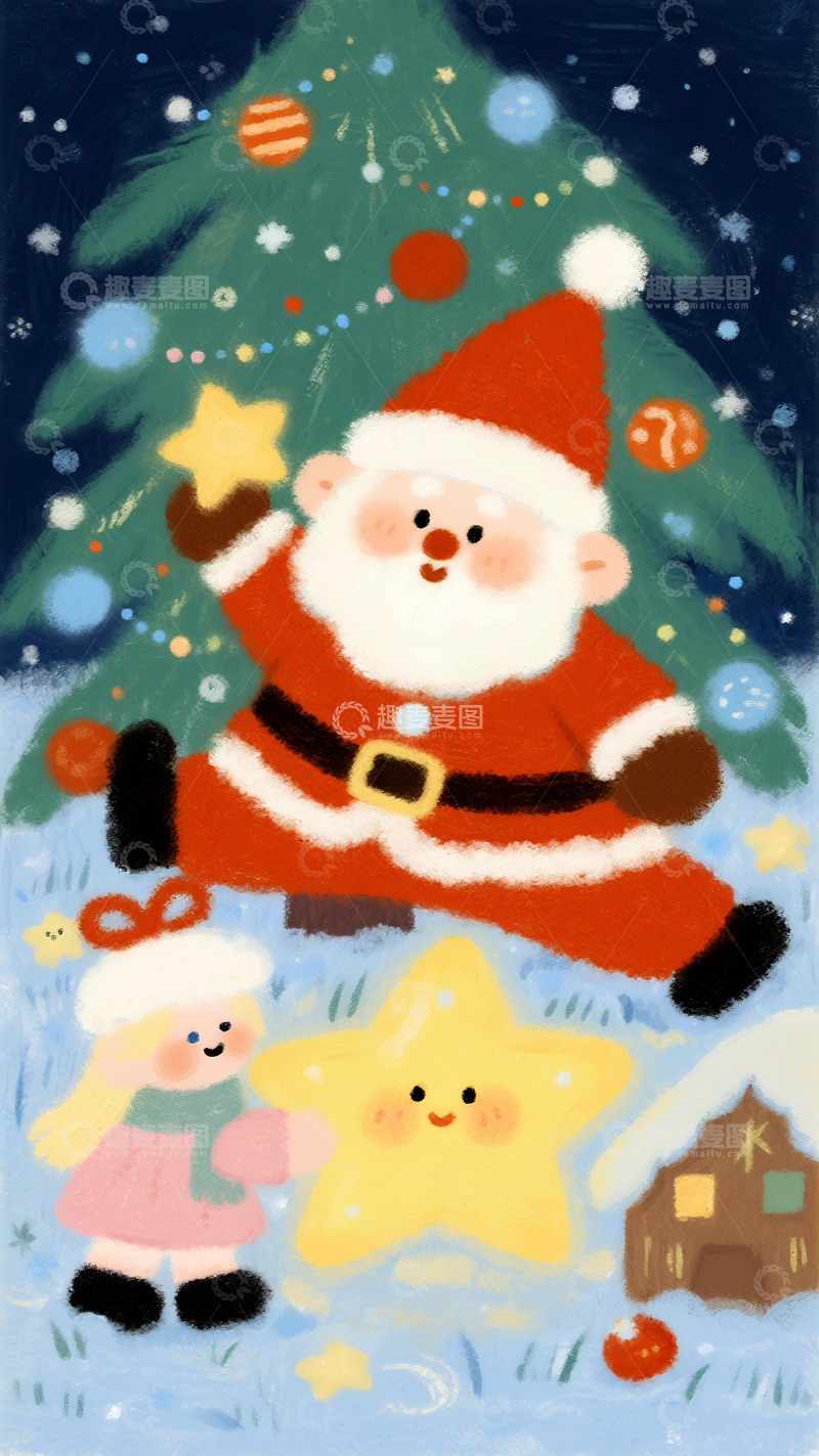 高清大图下载【趣麦麦图】圣诞夜给树缀星的女孩与老人