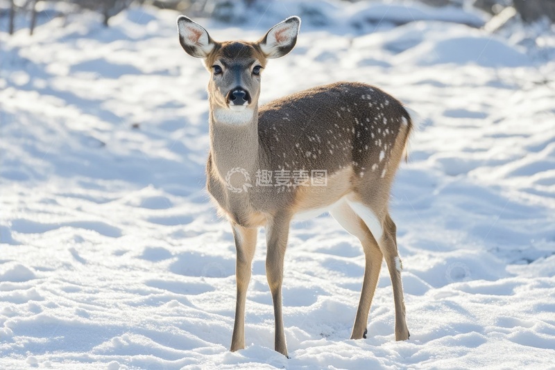 高清大图下载【趣麦麦图】冬季雪地里的一只小鹿