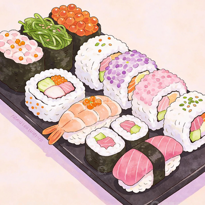 高清大图下载【趣麦麦图】水彩寿司美食插画设计素材