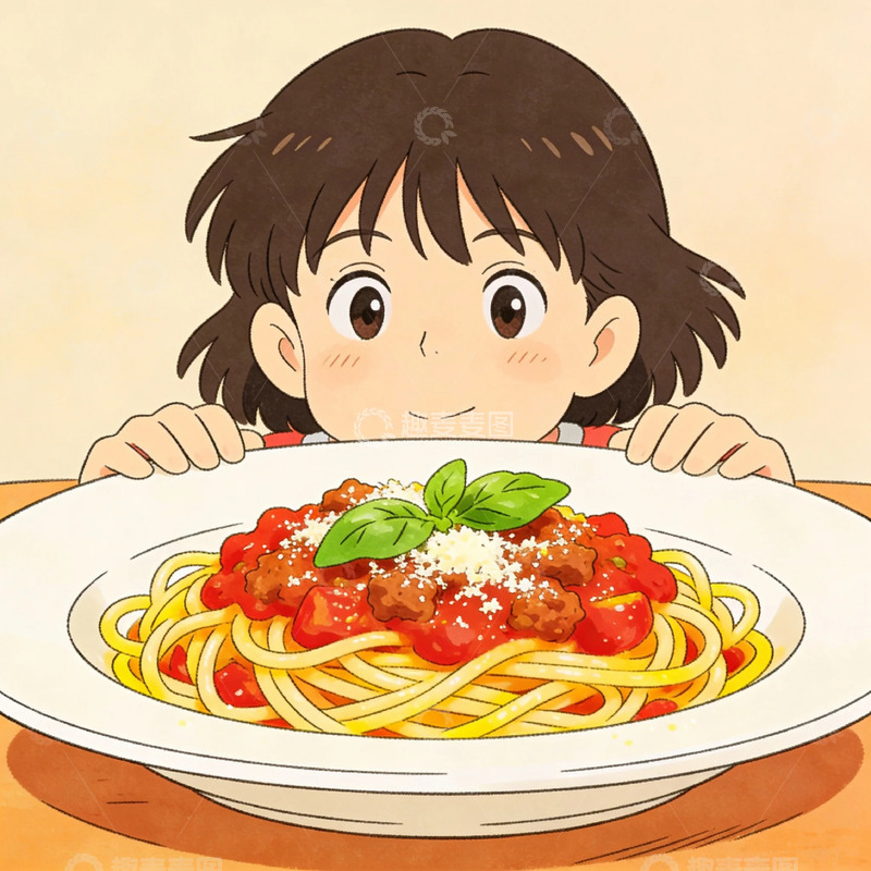 高清大图下载【趣麦麦图】卡通少女美食意大利面