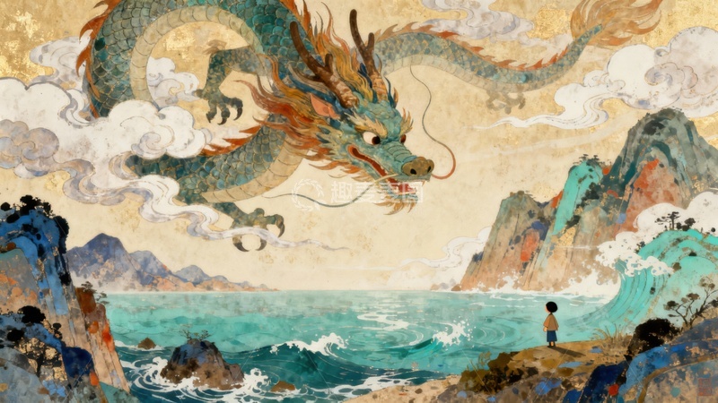 高清大图下载【趣麦麦图】腾云驾雾的青龙手绘水墨插画