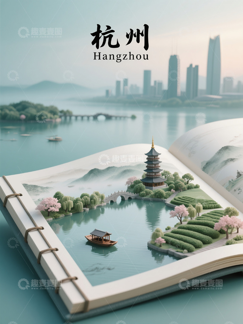 高清大图下载【趣麦麦图】书页里的杭州湖光塔影诗意