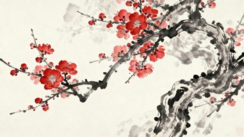 高清大图下载【趣麦麦图】手绘水墨红色梅花插画