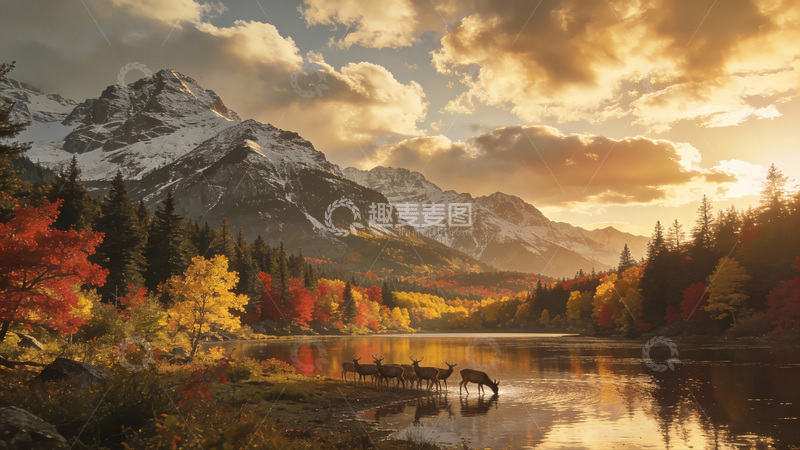 高清大图下载【趣麦麦图】秋日湖畔雪山风光油画