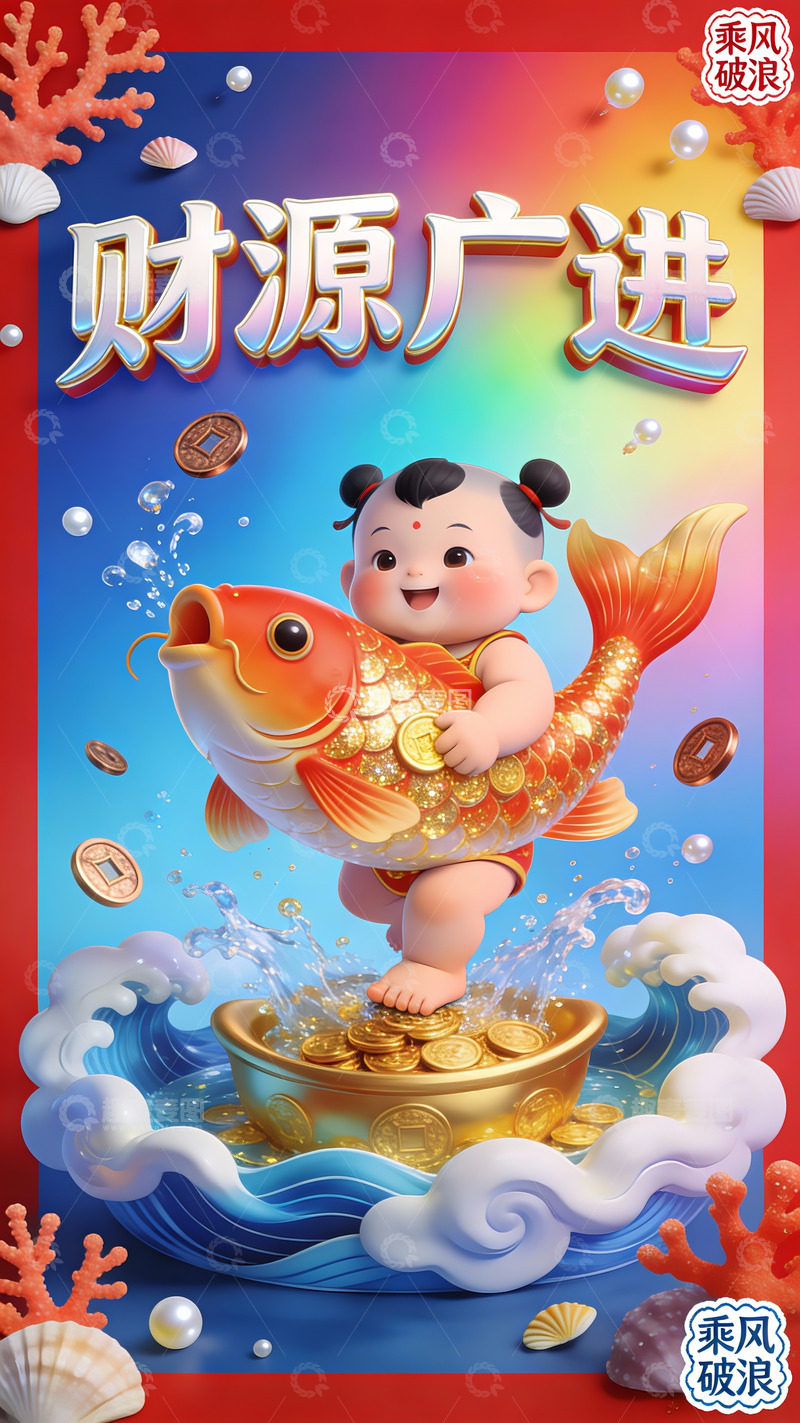 高清大图下载【趣麦麦图】锦鲤伴童子的财源广进吉兆图